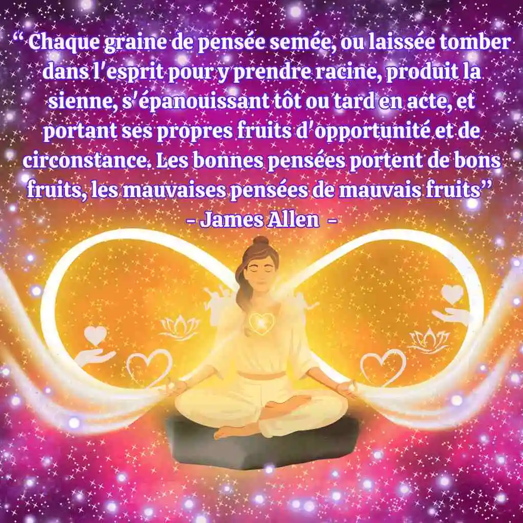 Une femme médite avec des ailes dorées et des cœurs lumineux, entourée de lumière et de papillons, sur un fond étoilé violet. Une citation inspirante en français de James Allen est écrite au-dessus d'elle en texte blanc.