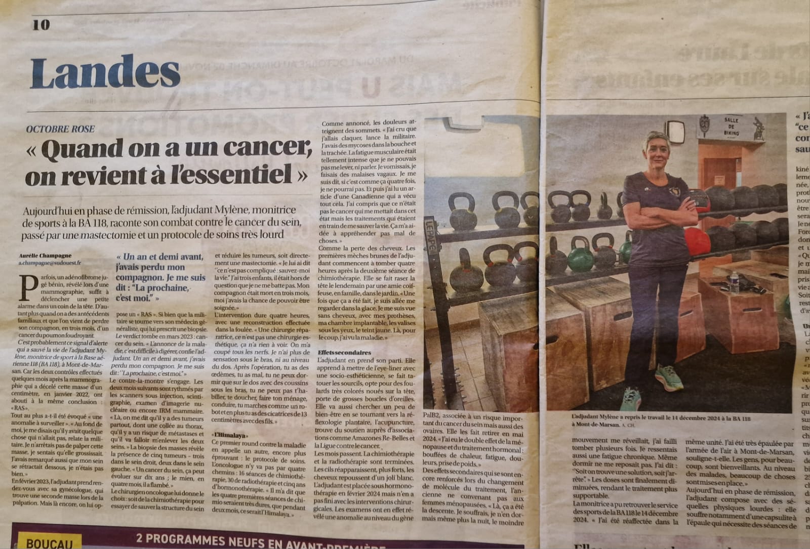 Portrait de Mylène, monitrice de sport à la BA118, interview sur son combat contre le cancer du sein