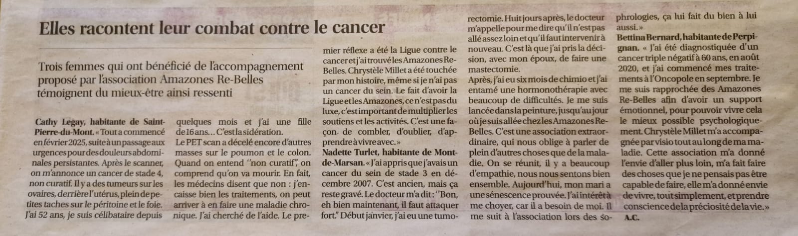 Article Sud Ouest présentant trois témoignages de femmes accompagnées par Amazones Re-Belles après un cancer du sein