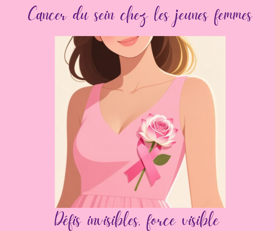Illustration d’une jeune femme portant une robe rose avec un ruban rose et une rose symbolisant la lutte contre le cancer du sein chez les jeunes femmes.