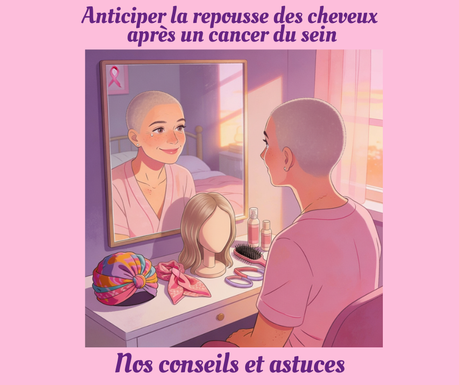 Illustration d’une femme après un cancer du sein, tête rasée, assise devant un miroir avec une perruque, un foulard et des accessoires de soin capillaire posés sur une coiffeuse.