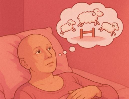 Illustration d'une femme atteinte d'un cancer du sein réveillée la nuit comptant des moutons pour tenter de retrouver le sommeil.